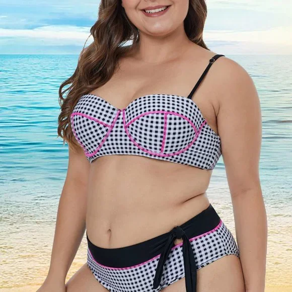 Dreamkue White Contrast Piping Tartan Printed Pattern Plus Size Bikini - Picture 5 of 6